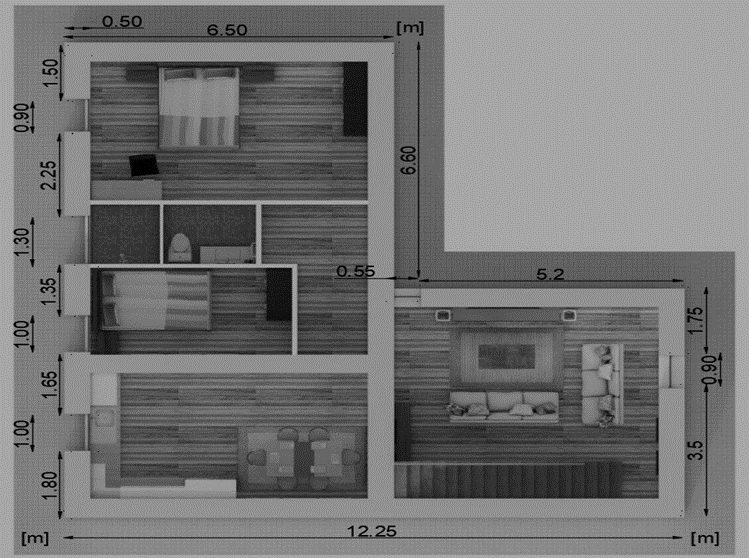 Vista en planta, primer piso de vivienda unifamiliar con muro de fardos de paja