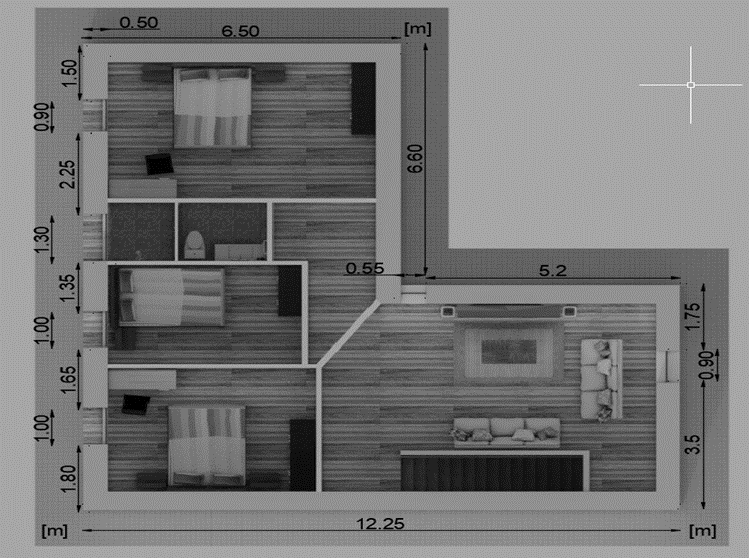 Vista en planta, segundo piso de vivienda unifamiliar con muro de fardos de paja