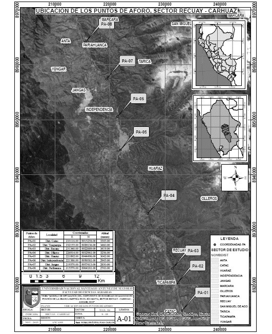 Ubicaci�n de puntos de aforo sector Recuay&ndash;Carhuaz