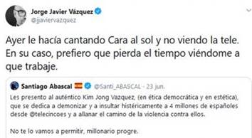 Conversaci�n generada en Twitter entre Santiago Abascal y Jorge Javier V�zquez a ra�z del Merlo&rsquo;s Gate fuente Twitter