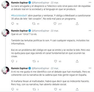 Hilo de Twitter abierto por el exl�der de Unidas Podemos Ram�n Espinar reaccionando a la emisi�n de la docuserie fuente Twitter