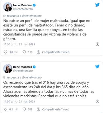 Hilo de Twitter creado por la ministra de Igualdad Irene Montero sobre la violencia de g�nero publicado el d�a del estreno de la docuserie fuente Twitter