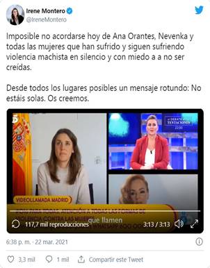 Intervenci�n de la ministra de igualdad Irene Montero en S�lvame y su reacci�n en redes sociales a la docuserie fuente Twitter