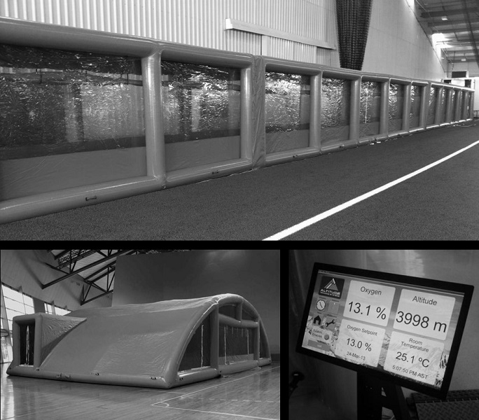 Presentación del sistema de hipoxia simulada inflable móvil Túnel externo panel superior diseño rectangular panel inferior izquierdo y controlador de pantalla táctil panel inferior derecho