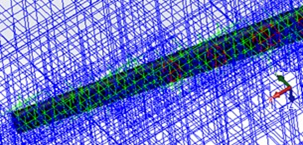 Detalle del mallado de elementos finitos del modelo tridimensional del sistema jabalina-aire circundante.