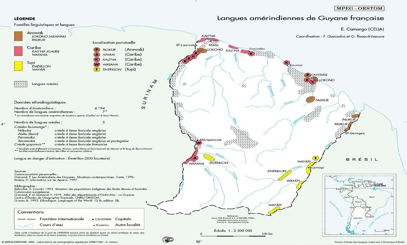 Mapa de las lenguas amerindias
de la Guayana francesa. (Camargo Eliane, 2006: 40)