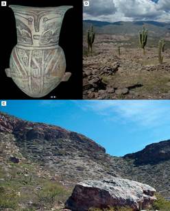 a) Tinaja de estilo Santa María (foto de V. Palamarczuk); b) Vista de un sector del poblado Loma Rica de Shiquimil; c) Poblado de Rincón Chico; en primer plano un megalito con modificación antrópica, en el fondo, muros de estructuras habitacionales señaladas por líneas de puntos.