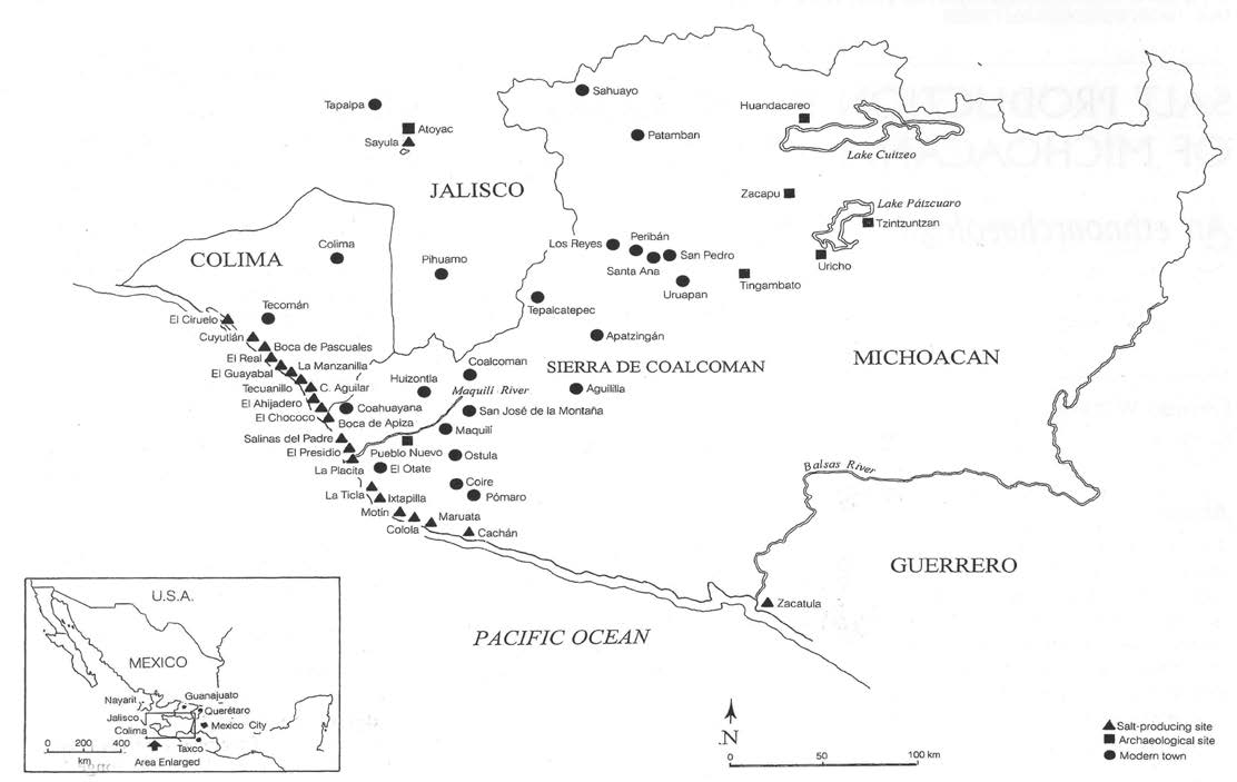 Mapa de la costa de Michoacán y Colima, mostrando los principales sitios productores de sal, visitados por el autor en 2000.