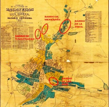 Disposición del patrón de doble huerta en los barrios de la ciudad de Zacatecas, destaca su ubicación asociada a lo que fuera la calle principal o el paso del arroyo. Croquis de la Ciudad de Zacatecas de Luis Correa de 1894, Mapoteca Orozco y Berra