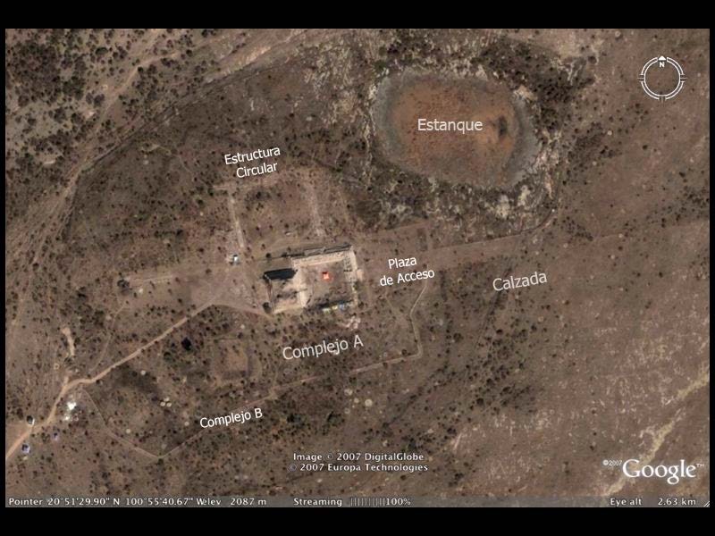 Perspectiva &aacute;rea del conjunto ceremonial de Ca&ntilde;ada de la Virgen.