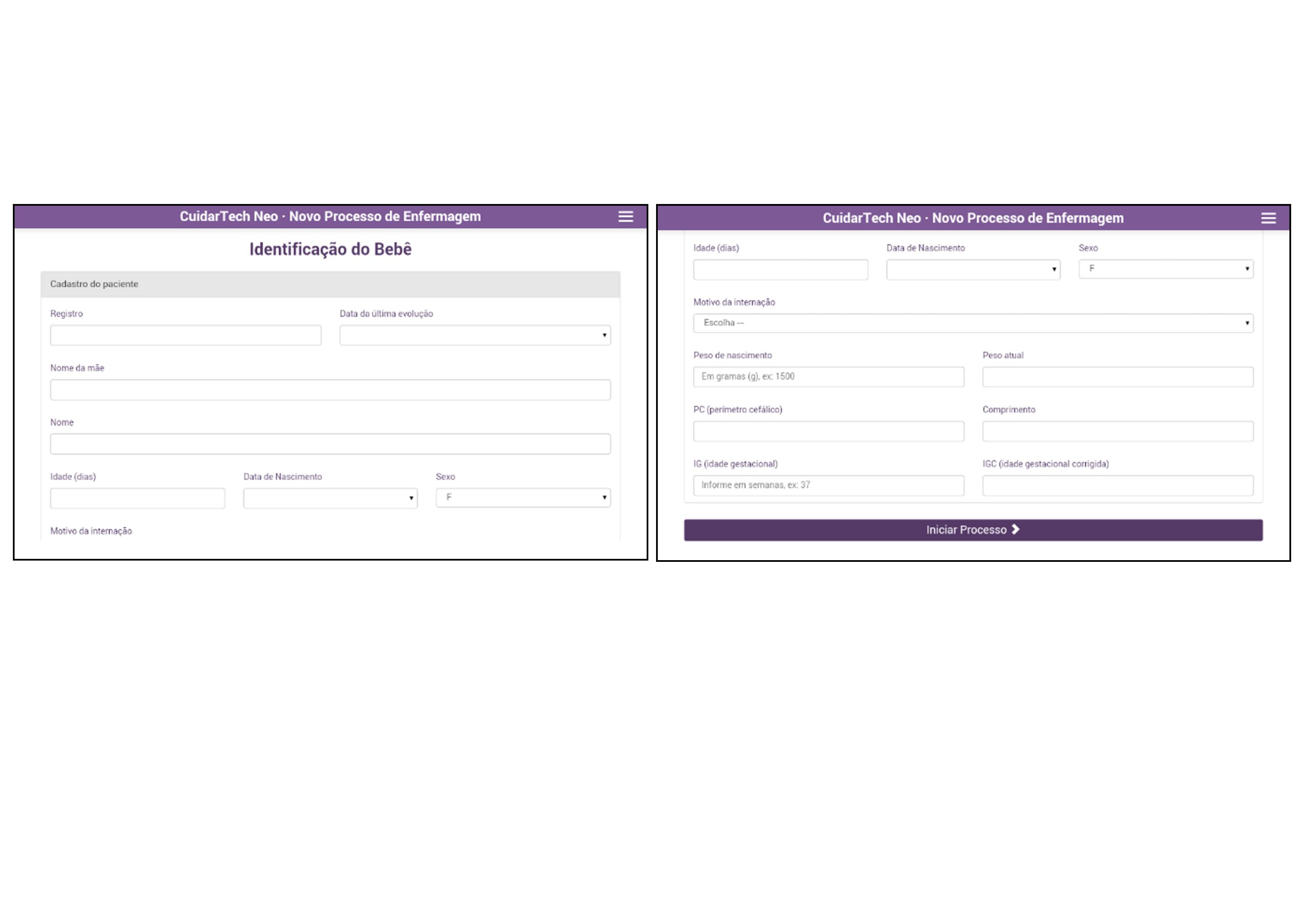 Beginning and ending of the Baby Identification screen of the CuidarTech Neo application.