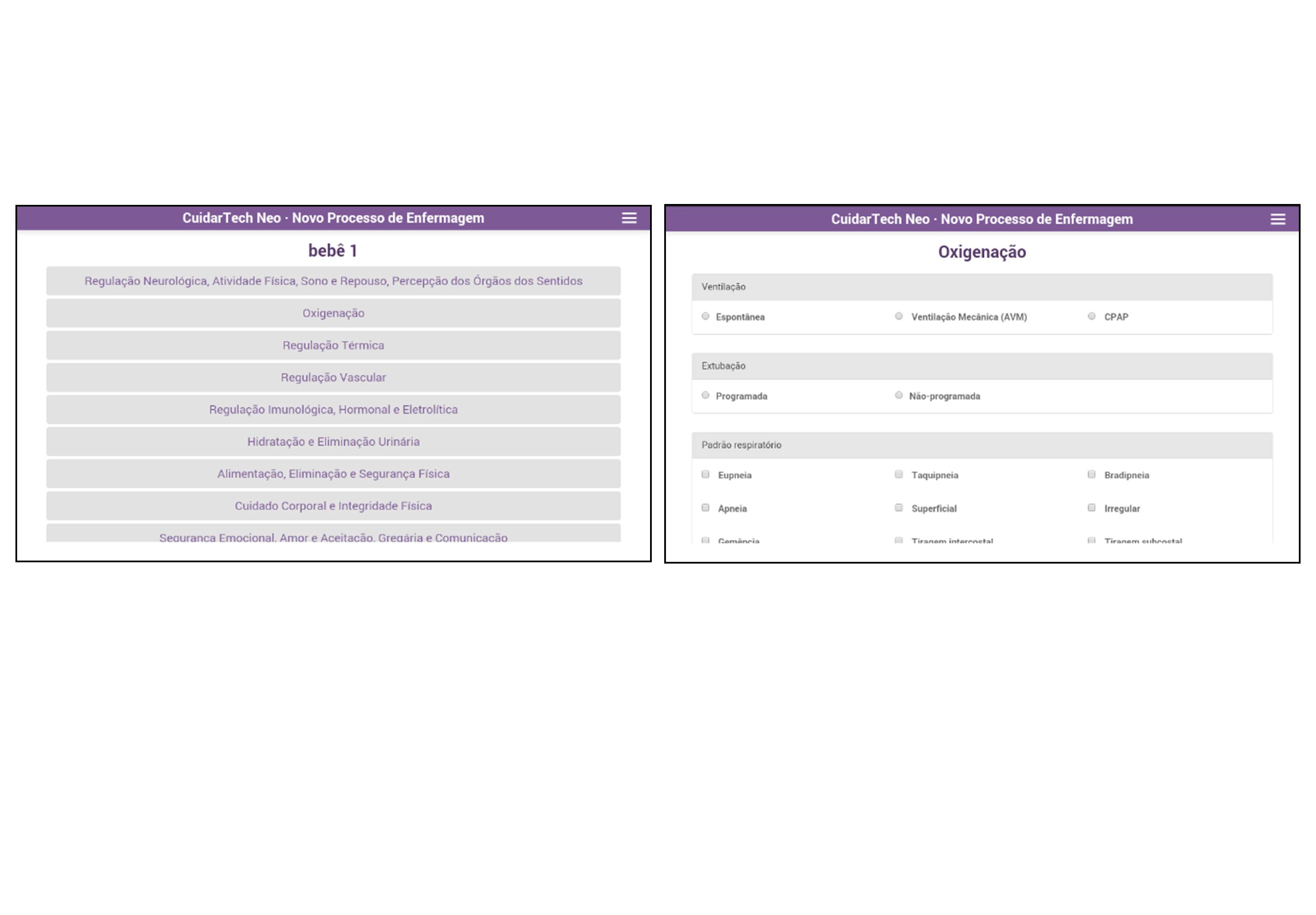Hist&oacute;rico de Enfermagem (Nursing History) screen and detail of the need for oxygenation of the CuidarTech Neo application