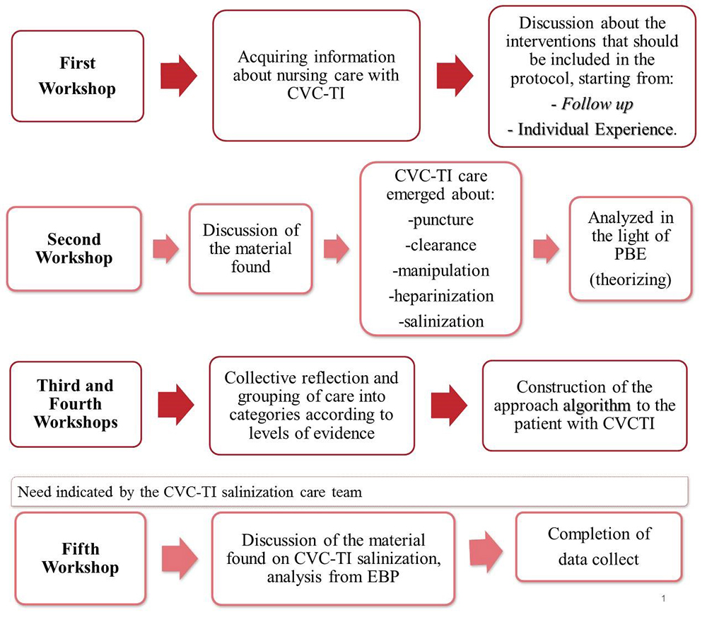 Schematic representation of the five workshops carried out for the elaboration of the Totally Implanted Central Venous Catheter care protocol, Minas Gerais, Brazil, 2018 