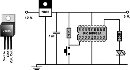 Diagrama para conectar un PIC con un LED y un pulsador