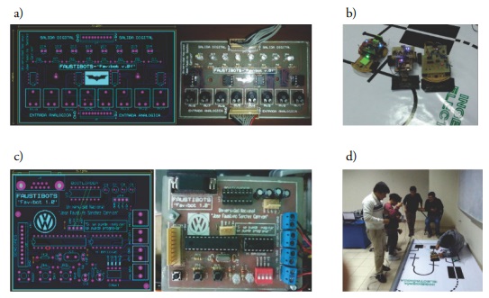 a-Dise&ntilde;o PCB y f&iacute;sico de la placa de sensores. b-Dise&ntilde;o mec&aacute;nico de los robots seguidor de l&iacute;nea. c- Dise&ntilde;o PCB y f&iacute;sico de la placa del microcontrolador. d-Estudiantes realizando pruebas del robot seguidor de l&iacute;nea