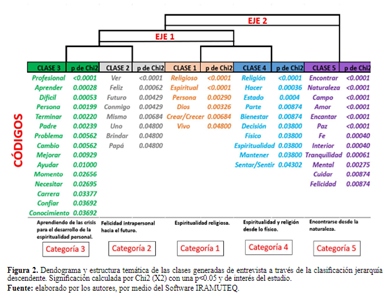 Figura 2. Dendograma y estructura temática de las clases generadas de entrevista a través de la clasificación jerarquía descendente. Significación calculada por Chi2 (X2) con una p<0.05 y de interés del estudio.