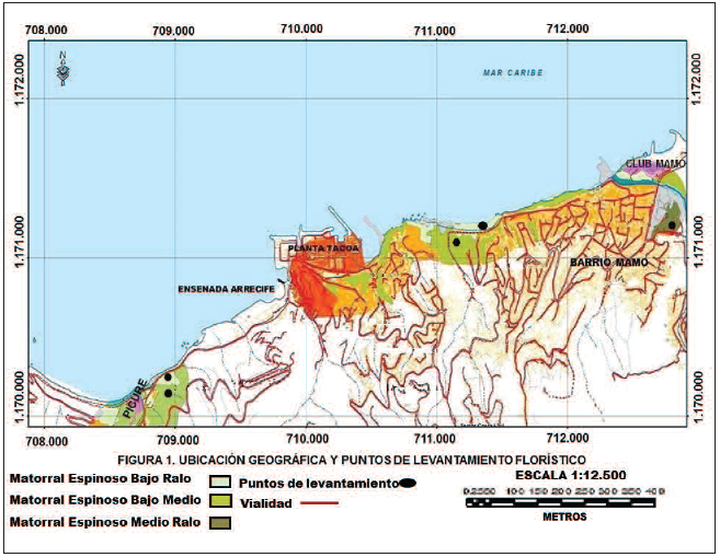 Ubicaci&oacute;n geogr&aacute;fica del &aacute;rea de estudio y puntos de levantamiento
flor&iacute;stico