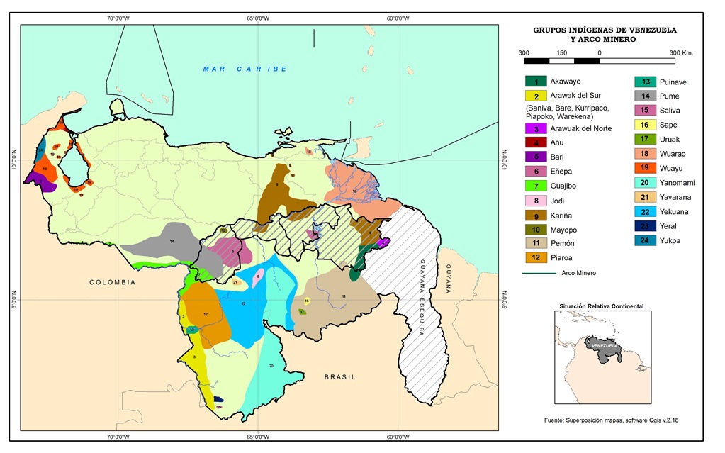 Superposición de las áreas de delimitación del Arco minero del Orinoco y el
territorio de los pueblos indígenas afectados, estado Bolívar. Venezuela