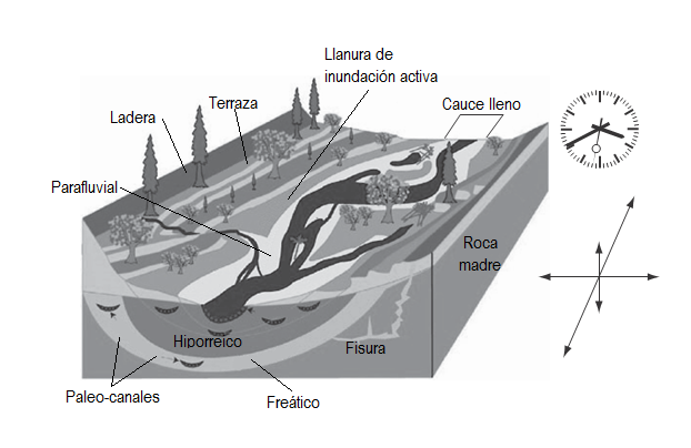 Figura 1. Ejemplo de una llanura de
inundación y sus sistemas fluviales asociados estructurados en cuatro
gradientes dimensionale