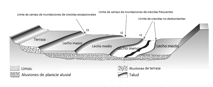 Figura 2.
Relaciones topográficas entre diferentes lechos de la planicie aluvial
funcional