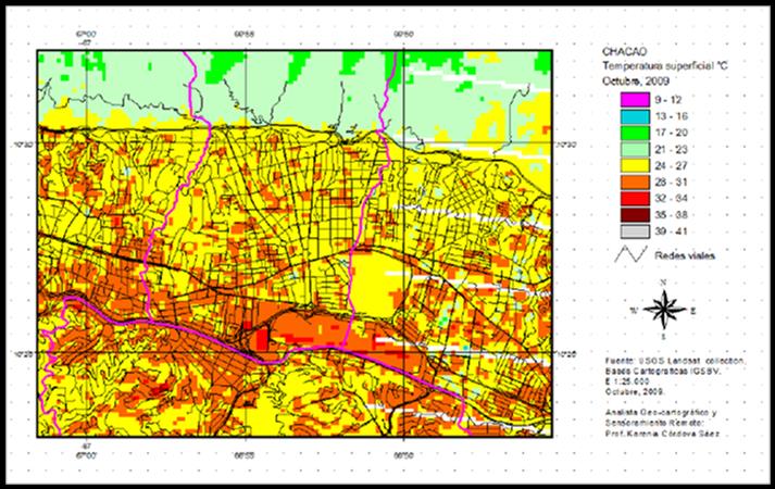 Temperatura superficial de Chacao. Landsat 7. Octubre de 2009.