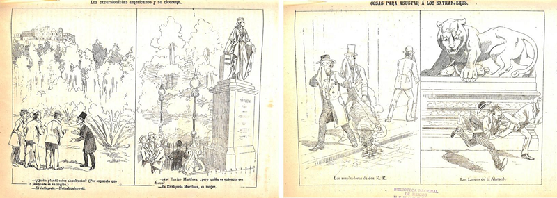 Izq. “Cosas para asustar a los extranjeros”, La Patria Ilustrada, 2 de abril de 1894; der. “Los excursionistas americanos y su cicerone”, La Patria Ilustrada, 5 de marzo de 1894, Biblioteca Miguel Lerdo de Tejada, shcp.
