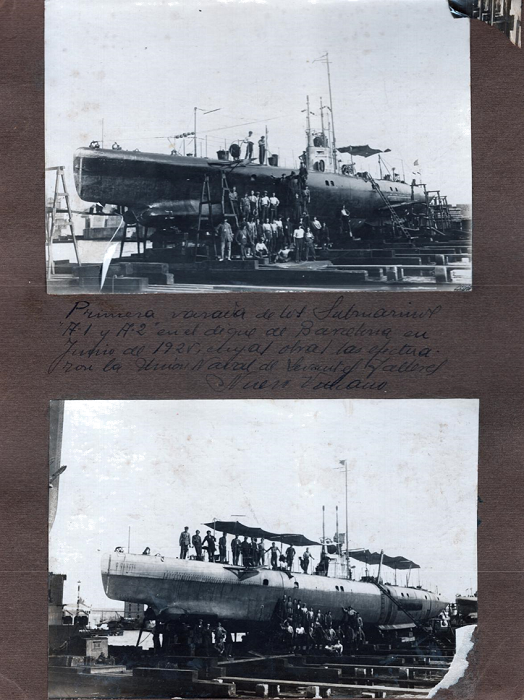 Autor desconocido. Submarinos A1 y A2 en el dique de los Talleres Nuevo Vulcano, Barcelona, octubre de 1925. Colección privada.