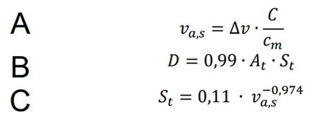 Equations  used for absorbed cervical dose calculation. A - apparent volume in the region.  B - remaining absorbed dose. C - ratio that considers the variation in thyroid  volume. ∆v - the volume of thyroid tissue debris. ρ_t - mean thyroid density.  v_(a,s) - apparent volume in the region. C_m- average count. D - remaining  absorbed dose.