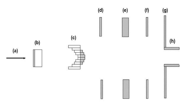 Schematic  diagram of the beam line. The right arrow (a) shows the direction of the 200  MeV proton beam. Also are shown in figure : the range modulation wheel  (b),&nbsp; the second scatterer (c), the first  (c), second (d) and third (f) collimators set, the snout's collimator (g) and  the snout aperture (h).