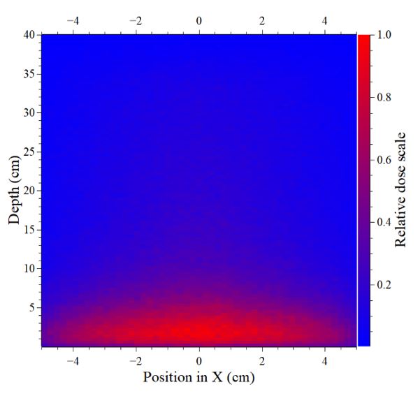 Relative absorbed dose map for proton in  the X-Z plane.