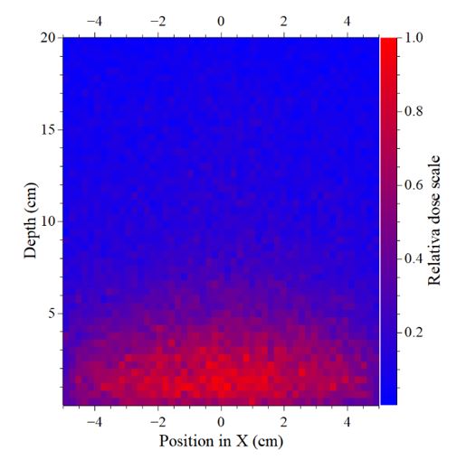 Relative neutron dose map in the X-Z plane. The graph was purposely cut at a  depth of 20 cm, for processing economy, since dose scoring at this depth is  very close to 0.