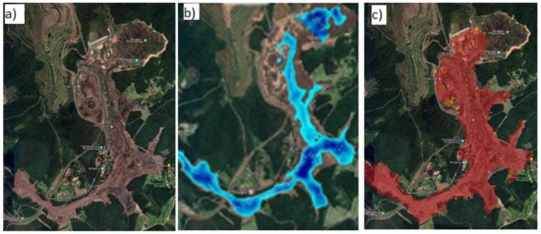 Comparison between flooding and real mud flow: satellite image (a); a hydraulic  model simulated with HEC RAS (b) and the mud flow model simulated with FLO-2D  (c).