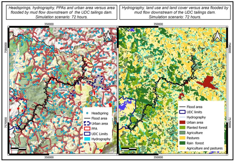 Water springs, hydrography, land use and  occupation the flooded area by mud flow.