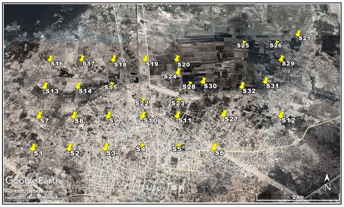 A map showing 32 sampling points, S1–S32, chosen for  sampling at Site A.