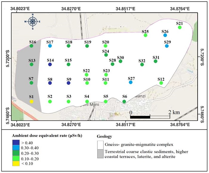 Ambient dose  equivalent rates superimposed on the geological map of Site A.