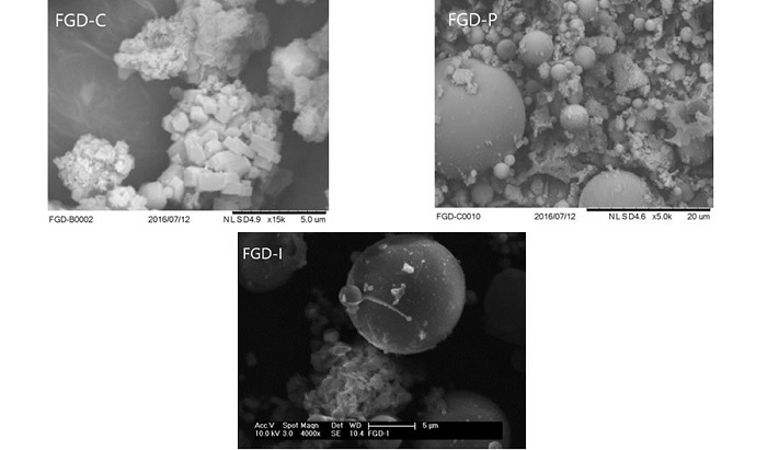 SEM micrographs of wet FGD sample (FGD-C) and semi-dry FGD samples (FDG-P andFGD-I).