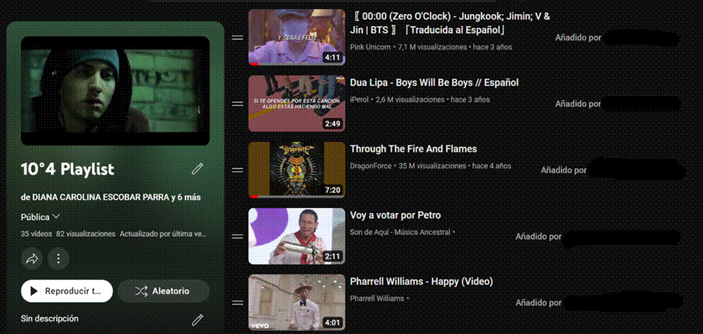 Pantallazo de la lista de reproducci�n de todo el grupo al final del proyecto