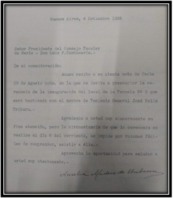 Carta enviada a la viuda de Jos� F�lix Uriburu por el consejo escolar de Merlo con el fin de invitarla a la inauguraci�n de una escuela que llevar�a el nombre de su esposo