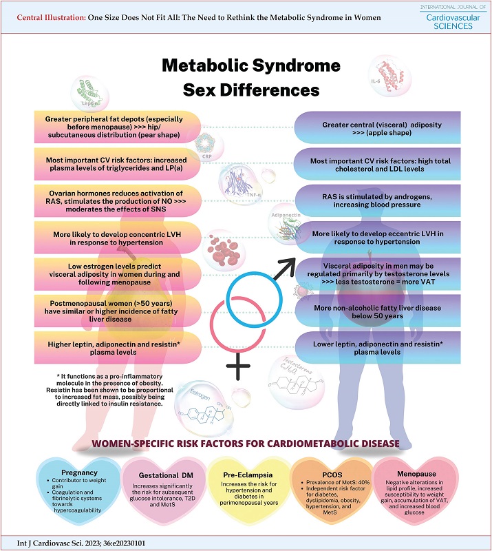 Some sex differences in MetS. CV: cardiovascular; LDL: low-density-lipoprotein cholesterol; LP: lipoprotein; LVH: left ventricular hypertrophy; MetS: metabolic syndrome; NO: nitric oxide; PCOS: polycystic ovary syndrome; RAS: renin-angiotensinogen system; SNS: sympathetic nervous system; T2DM: type 2 diabetes mellitus; VAT: visceral adiposity.