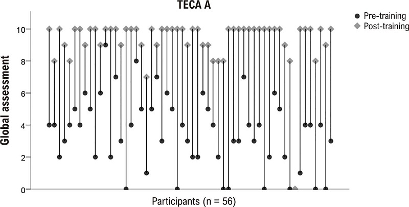 &ndash; Global assessment scores of each participant before and after the practical training (TECA A)