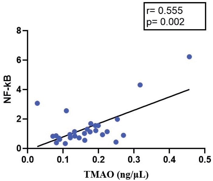 Positive correlation between baseline plasma TMAO (ng/μL) and NF-κB mRNA expression (r = 0.555; p = 0.002) in patients with CAD (n = 29).