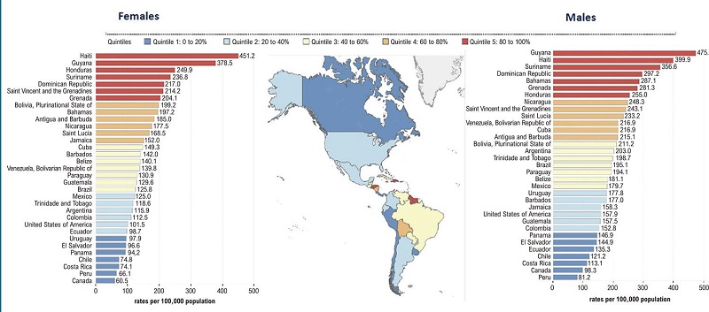 &ndash; Mortality from cardiovascular disease in the Region of the Americas, differences by sex 2019. Standardized by age. Rate per 100,000 inhabitants.