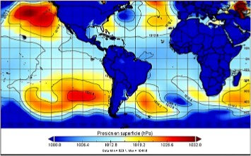 Presi�n atmosf�rica en superficie normalizada en Sudam�rica Tropical para el 20 de febrero de 1998 a las 13.00 h (Ecuador continental). Informaci�n de los rean�lisis ERA-Interim. Mapa elaborado por MSc Francisco Javier M�ndez Bravo.