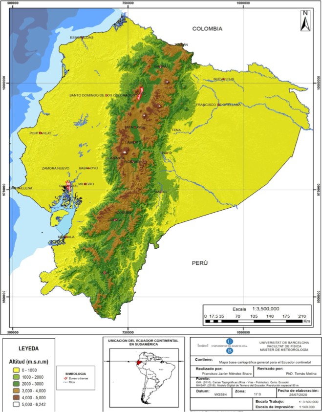 Mapa de localizaci�n geogr�fica y principales elementos cartogr�ficos del Ecuador continental. Informaci�n cartogr�fica proporcionada por [19] y [20]. Mapa elaborado por. MSc. Francisco Javier M�ndez Bravo.