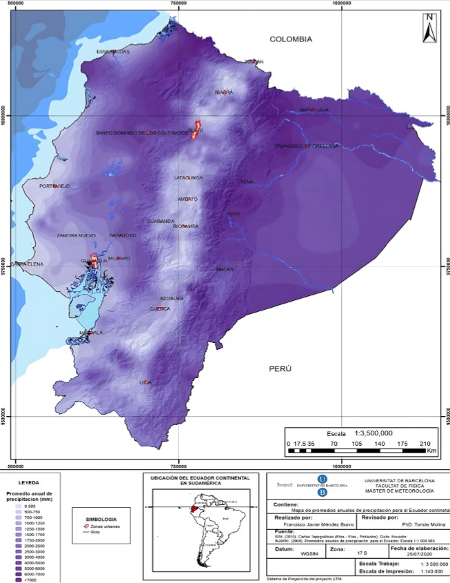 Mapa de promedio anual de precipitaci�n del Ecuador continental para el a�o 2008. Informaci�n proporcionada por [19] y [22]. Mapa elaborado por: MSc Francisco Javier M�ndez Bravo.