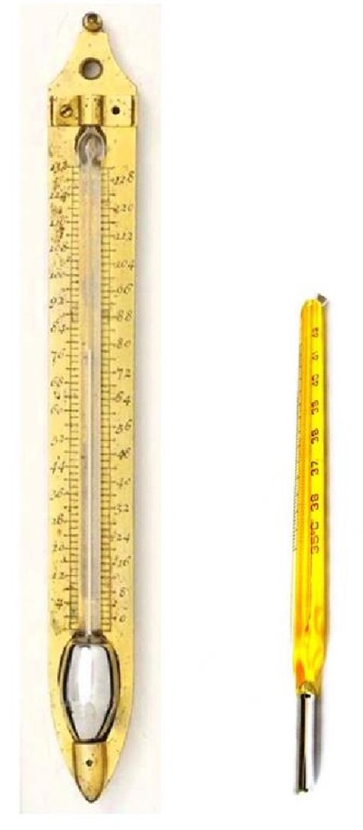 El term&oacute;metro de mercurio apenas experiment&oacute; cambios en 300 a&ntilde;os. Izquierda: Term&oacute;metro original de Fahrenheit; derecha: Term&oacute;metro cl&iacute;nico moderno. Imagen obtenida de The Linda Hall Library of Science, Engineering & Technology. https://www.lindahall.org/daniel-fahrenheit/[7]. 