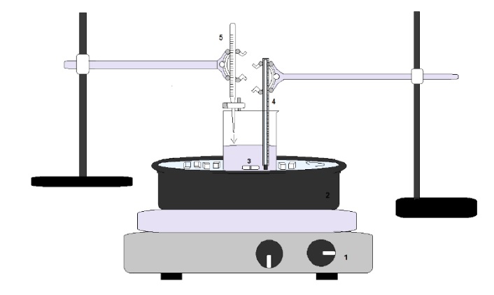 Representaci&oacute;n equipo experimental para la s&iacute;ntesis del &aacute;cido de Caro. 1. Parrilla de agitaci&oacute;n; 2. Ba&ntilde;o de temperatura con agitaci&oacute;n magn&eacute;tica; 3. Agitador magn&eacute;tico; 4. Term&oacute;metro; 5. Bureta para adici&oacute;n de H2O2.