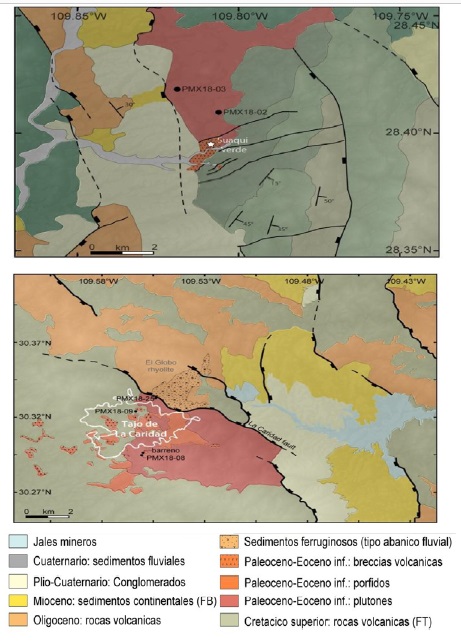 Esquemas estructurales de los distritos de La Caridad (izquierda) y Suaqui Verde (derecha). Las diferentes unidades geol&oacute;gicas fueron separadas respecto a la cronolog&iacute;a de los diferentes eventos geodin&aacute;micos. FB: Formaci&oacute;n B&aacute;ucarit; FT: Formaci&oacute;n Tarahumara. Modificado de Noury y Calmus [4].