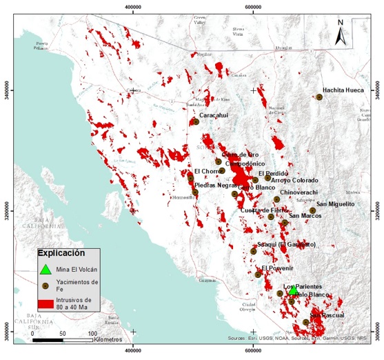 Distribuci&oacute;n de los yacimientos de Fe en Sonora. 