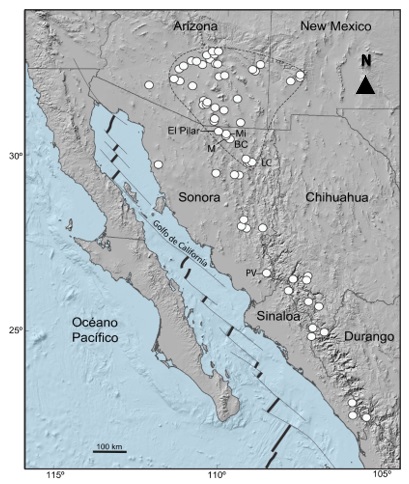 Localizaci&oacute;n de la porci&oacute;n principal del cintur&oacute;n de p&oacute;rfidos de cobre del suroeste de Norteam&eacute;rica, mostrando los dep&oacute;sitos m&aacute;s importantes (c&iacute;rculos blancos). La l&iacute;nea punteada limita la zona del gran cl&uacute;ster. BC: Buenavista del Cobre; LC: La Caridad; M: Mar&iacute;a; Mi: Milpillas; PV: Piedras Verdes. 